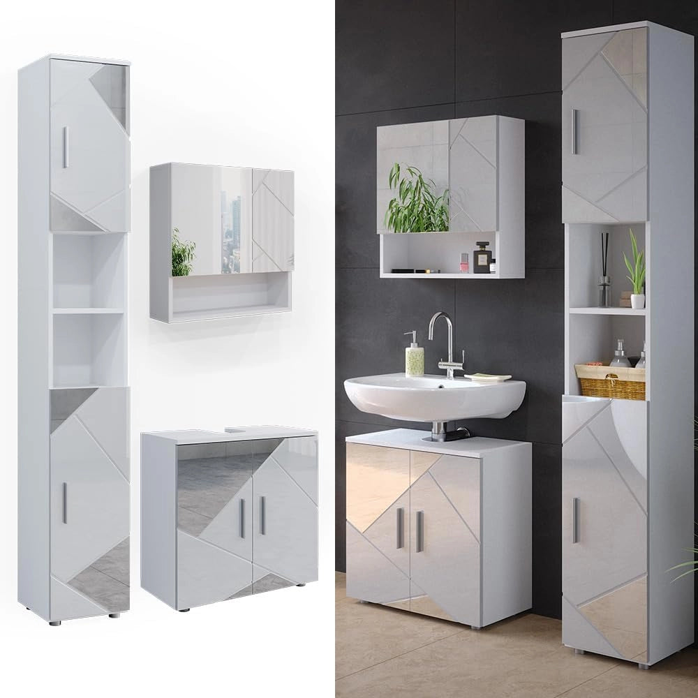 Set mobili bagno Irma, Bianco lucido con inserti, 80 cm, composto da mobile sottolavabo, specchiera e colonna alta