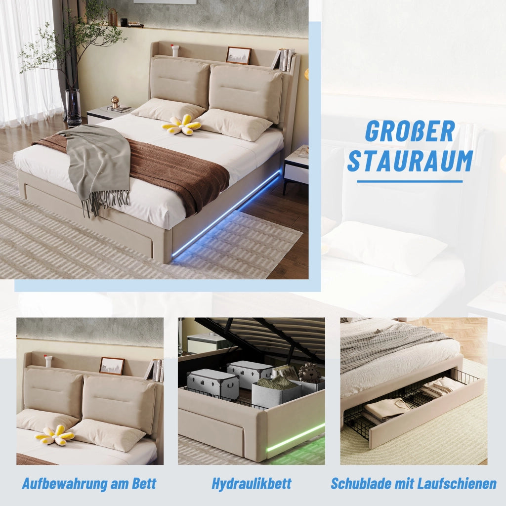 Letto imbottito in velluto beige 180x200cm con sistema idraulico due cassetti alla base strisce laterali LED e struttura a listelli senza materasso