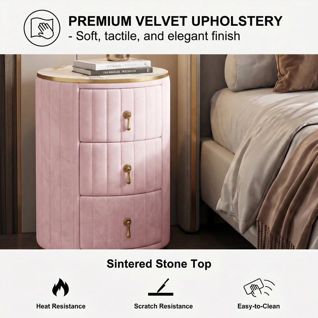 Tavolino da Comodino con 3 Cassetti ¨C MINIMAL ¨C Velluto Rosa, Piano in Marmo, Gambe Oro