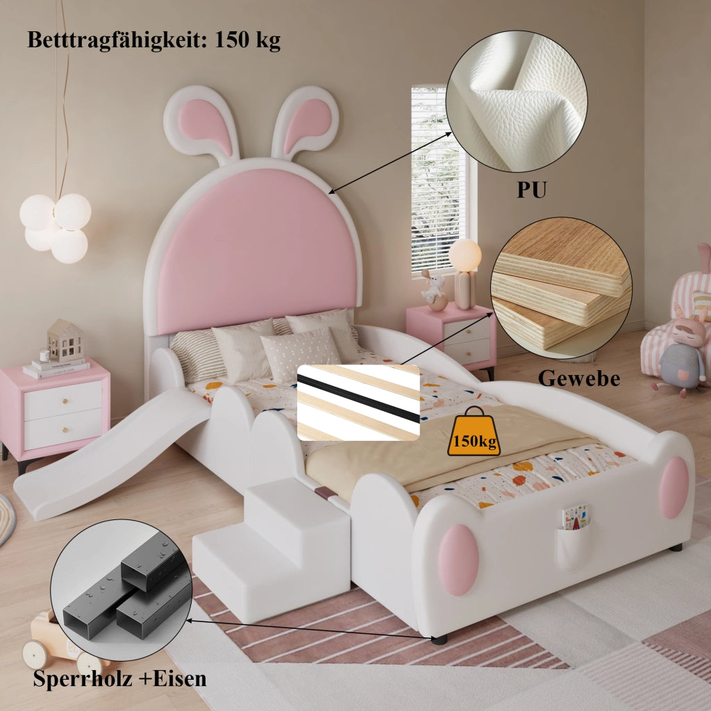 DESMIU Letto bambino 90 × 200 cm 1 posto con scaletta e scivolo, orecchie da coniglio, senza materasso, in PU, rosa e bianco