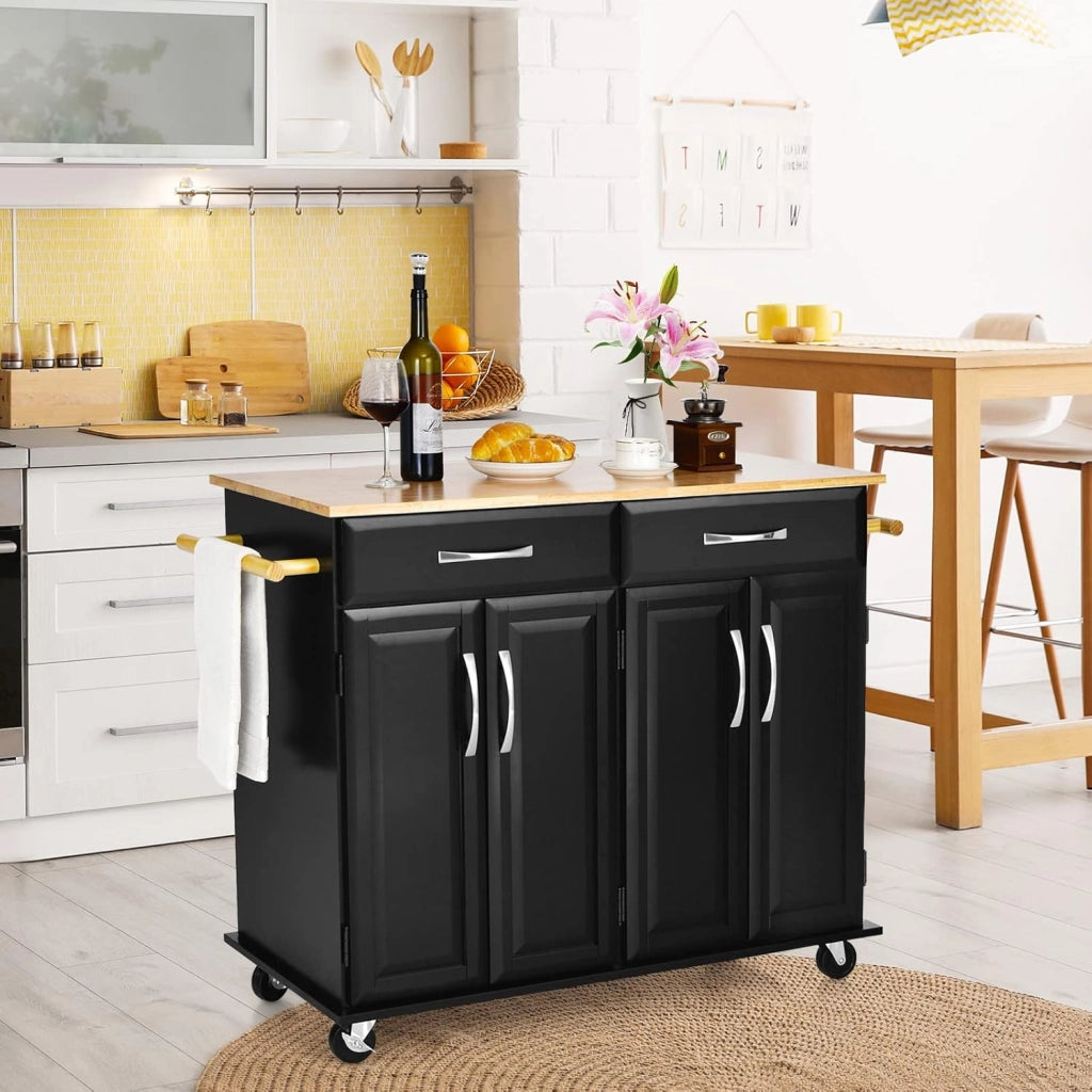 Carrello da cucina con piano di lavoro in legno di gomma con 2 armadi e ripiani regolabili, 2 cassetti grandi, portasciugamani laterali, armadio con ruote, 122 x 48 x 92,5 cm (nero)
