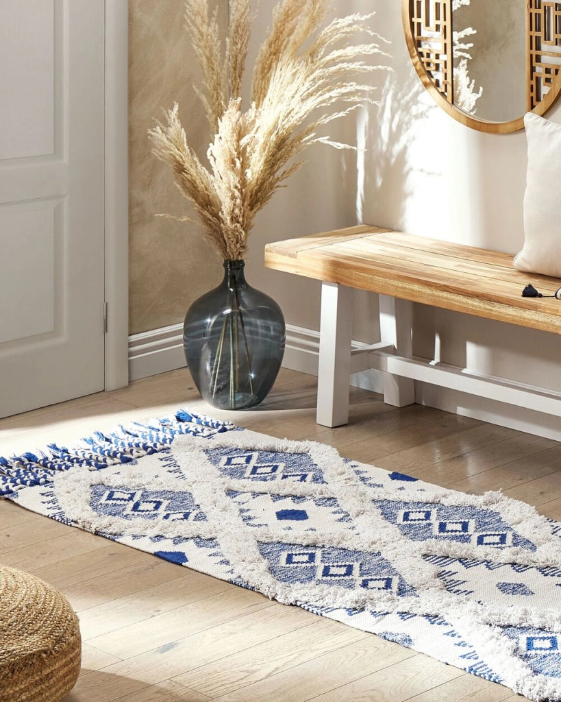 Tappeto in cotone con nappe di colore beige e blu 80 x 200 cm soggiorno camera da letto