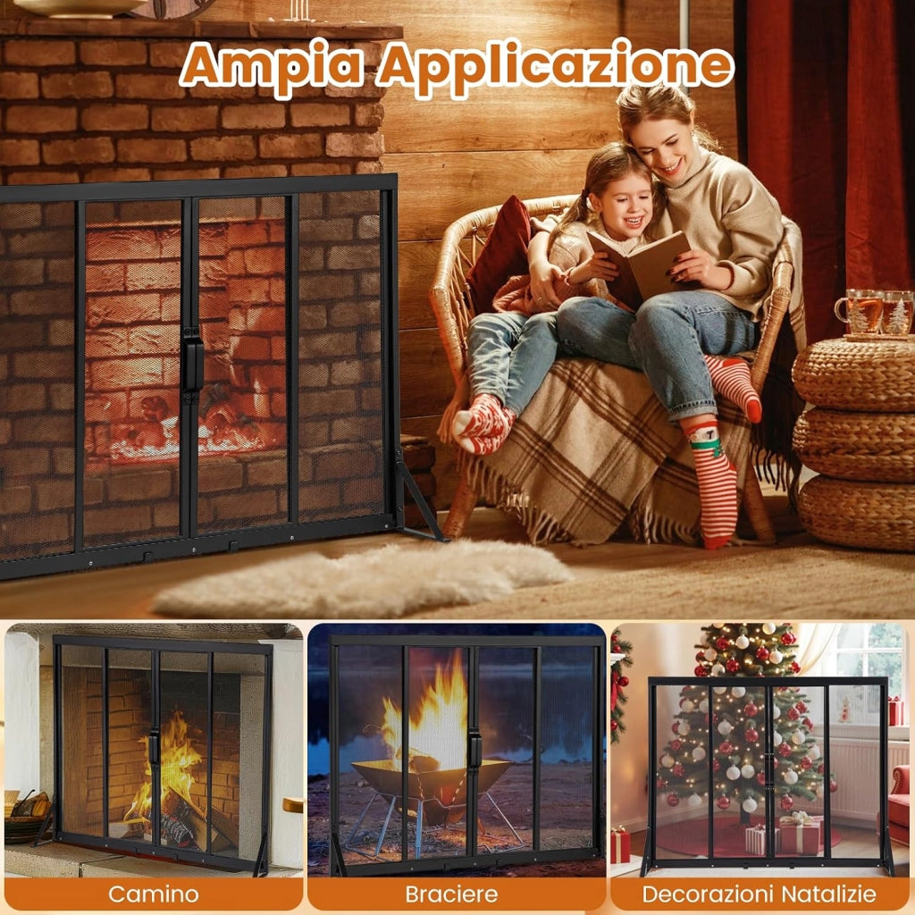 Griglia Parascintille Camino con 2 Pannelli Scorrevoli, Maniglie Convenienti e Telai di Supporto a Triangolo, Ventilazione Eccellente, Schermo per Camino in Rete Metallica (96 x 79 cm)