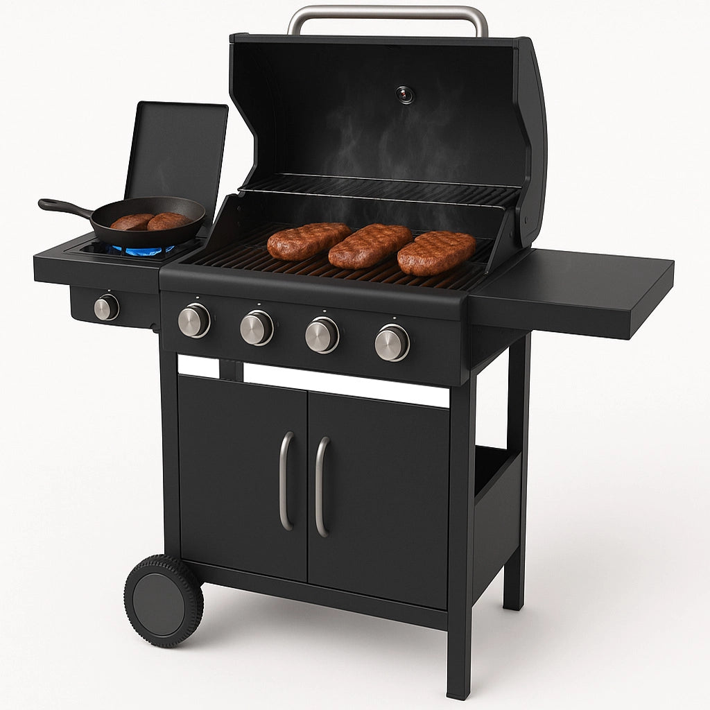 Barbecue a Gas Pietra Lavica BBQ 4 Fuochi con fornello laterale 110x130x50 cm