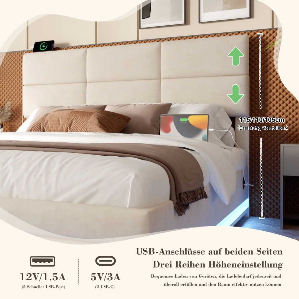 LETTO moderno 160x200 cm in velluto beige con LED, USB e contenitore
