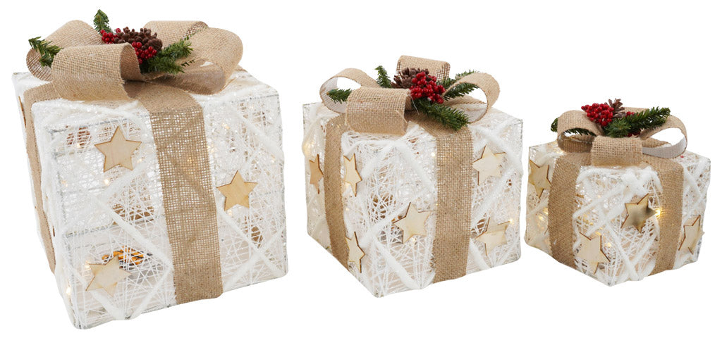 Set 3 Pacchi di Natale con LED in Plastica Oro con Stelle