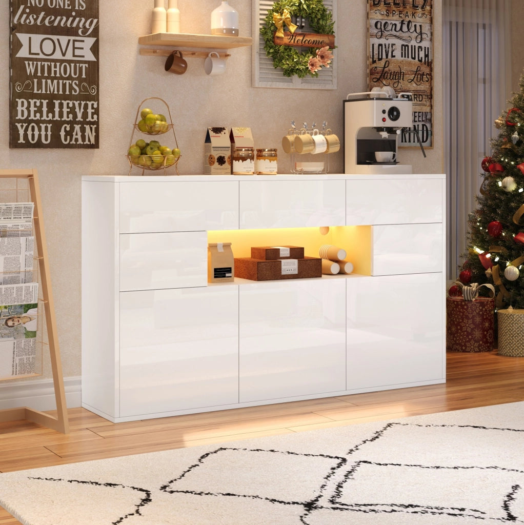 Credenza 140x30x82 cm con 3 cassetti e 5 vani; LED e finitura lucida in MDF bianca
