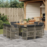 Set da Pranzo da Giardino 9 pz con Cuscini in Polyrattan Grigio
