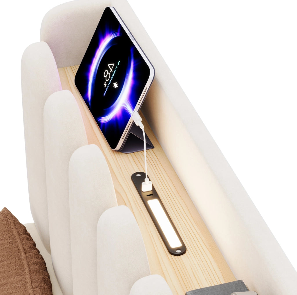 Letto singolo imbottito ULEVR 90x200 cm con rete a doghe, USB e Type-C, luce notturna, beige
