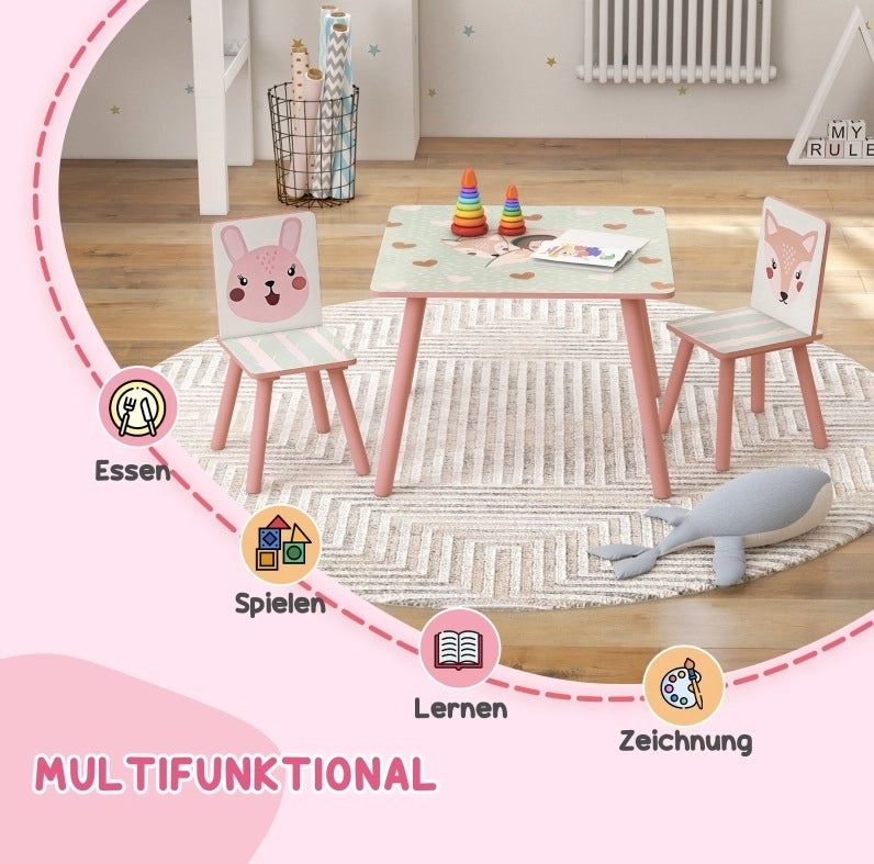 Set tavolo e 2 sedie per bambini in pino, rosa