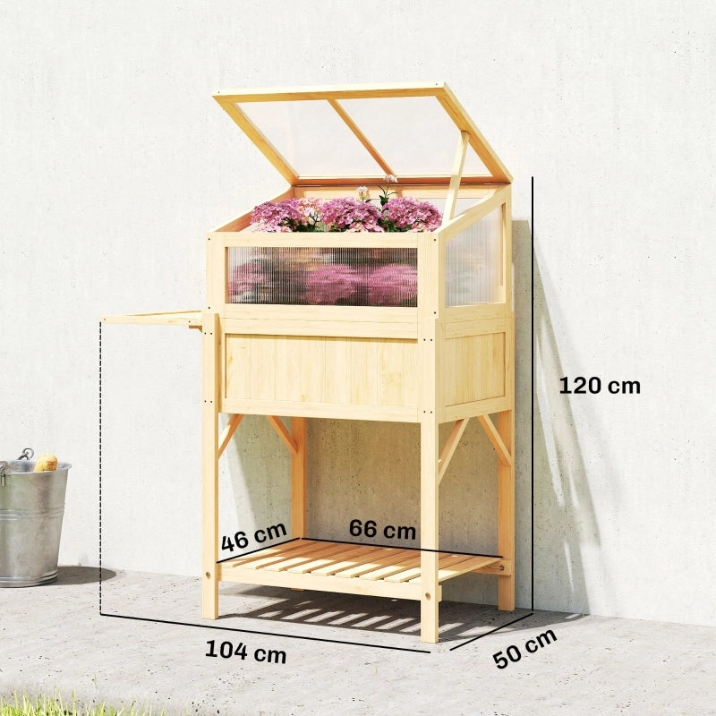 Fioriera rialzata 2 in 1 in legno con serra apribile, tavolino laterale pieghevole e ripiano, naturale