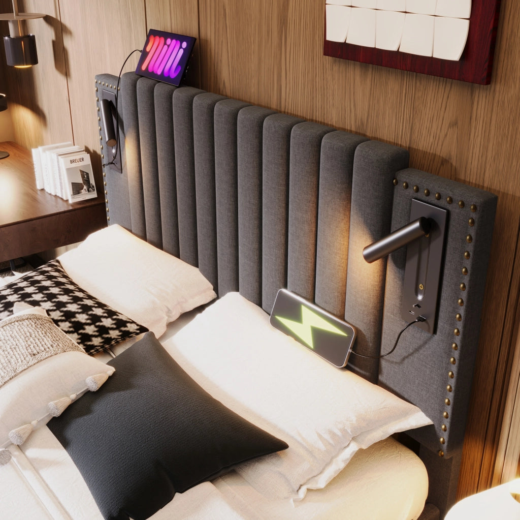 Letto matrimoniale 140x200 cm con contenitore; testiera regolabile; luce da lettura e porte USB; grigio