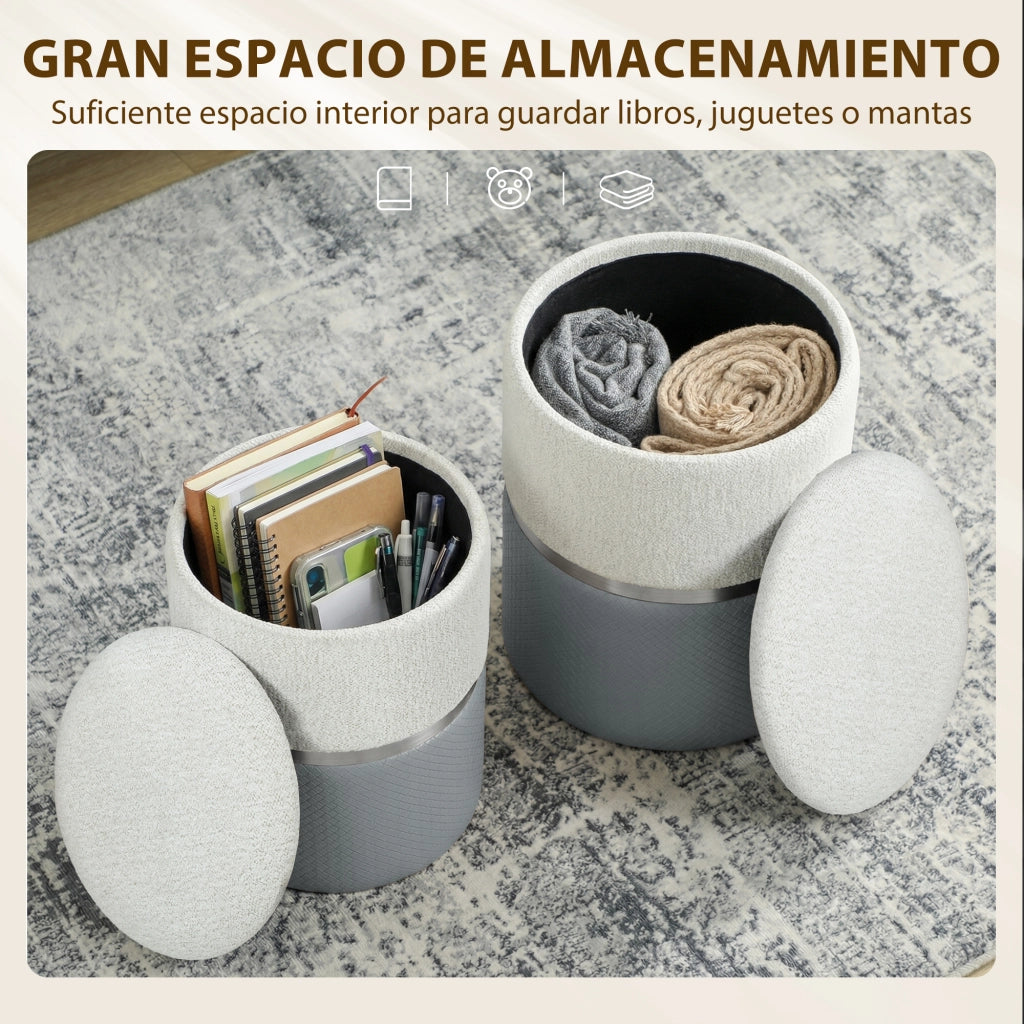 Set 2 Pouf Contenitore ¨C Xylo ¨C Rivestimento Tessuto Chenille e Similpelle Grigio e Crema