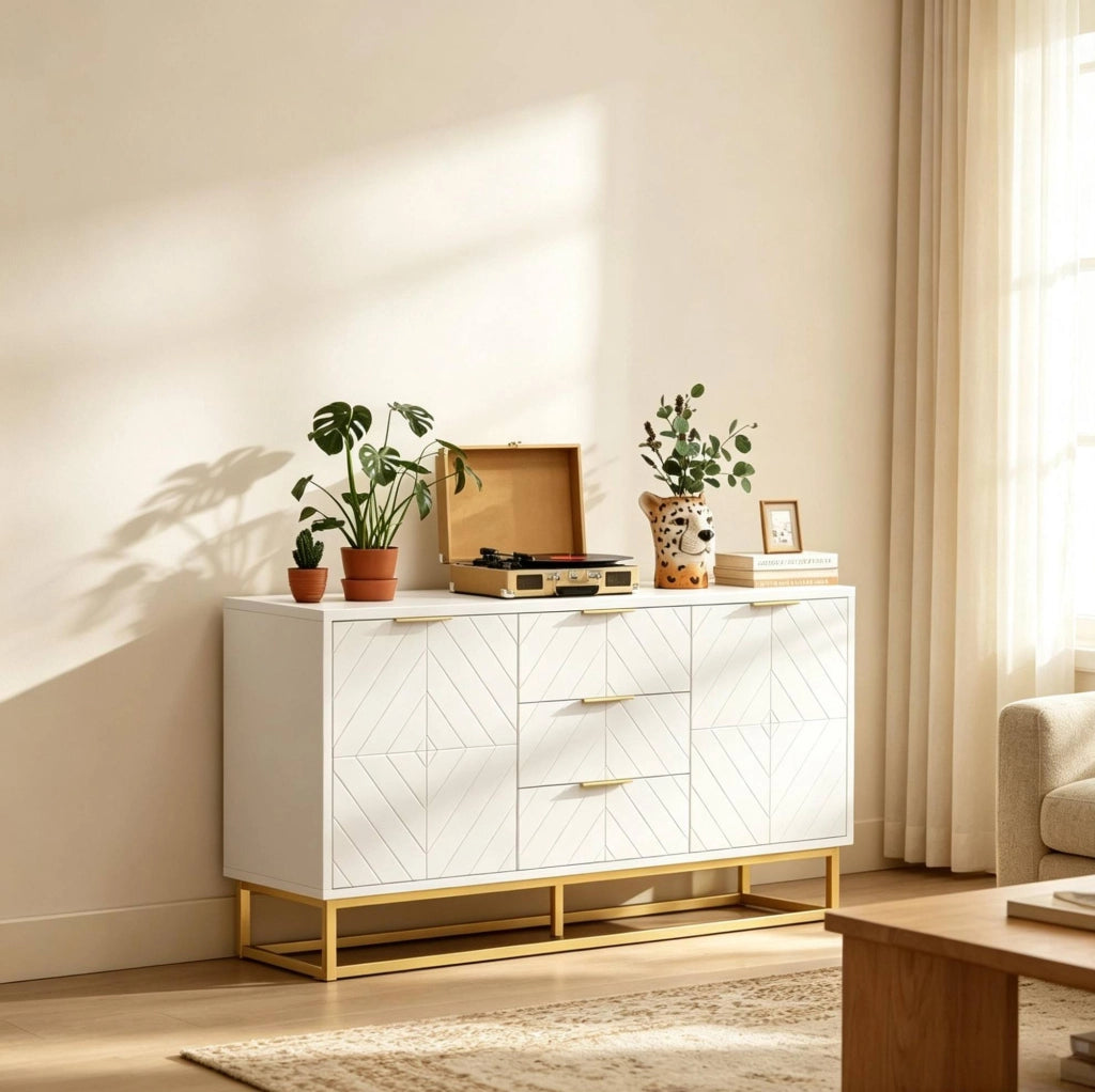 Credenza con 2 ante; 3 cassetti e ripiani regolabili 120x40x76 cm MDF bianco e oro