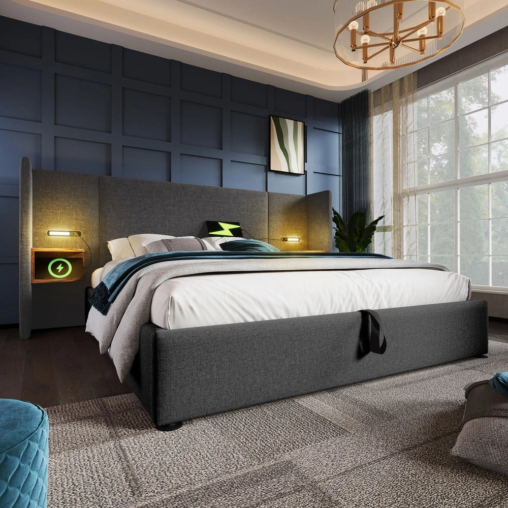 Letto Matrimoniale Imbottito Contenitore ¨C MINIMAL ¨C Grigio, Legno Massello e Metallo, 180x200
