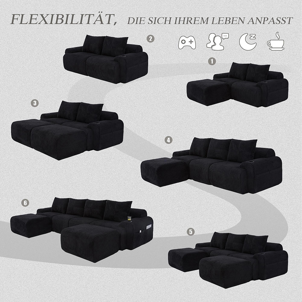 Canap¨¦ modulable 4 posti in velluto costato - Xylo - Con 2 sgabelli, porta-bibite e tasche laterali