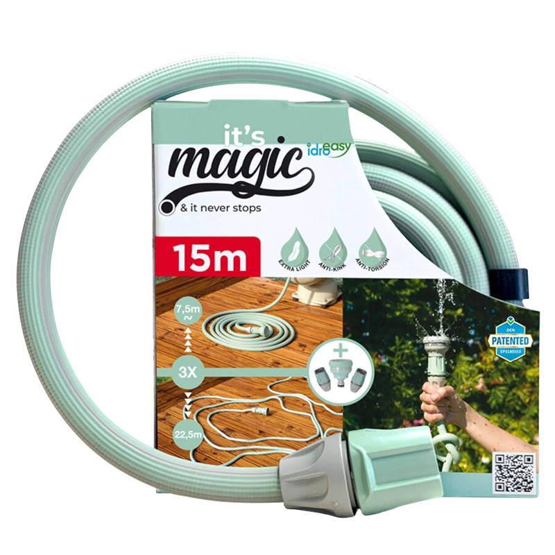 Idroeasy, Tubo Estensibile da Giardino 15 Metri con Doccetta 6 Funzioni e Raccordi, Tubo Giardino 1/2” Antitorsione e Antinodo,Estensibile Fino a 3 Volte la Sua Lunghezza Iniziale, Made In Italy