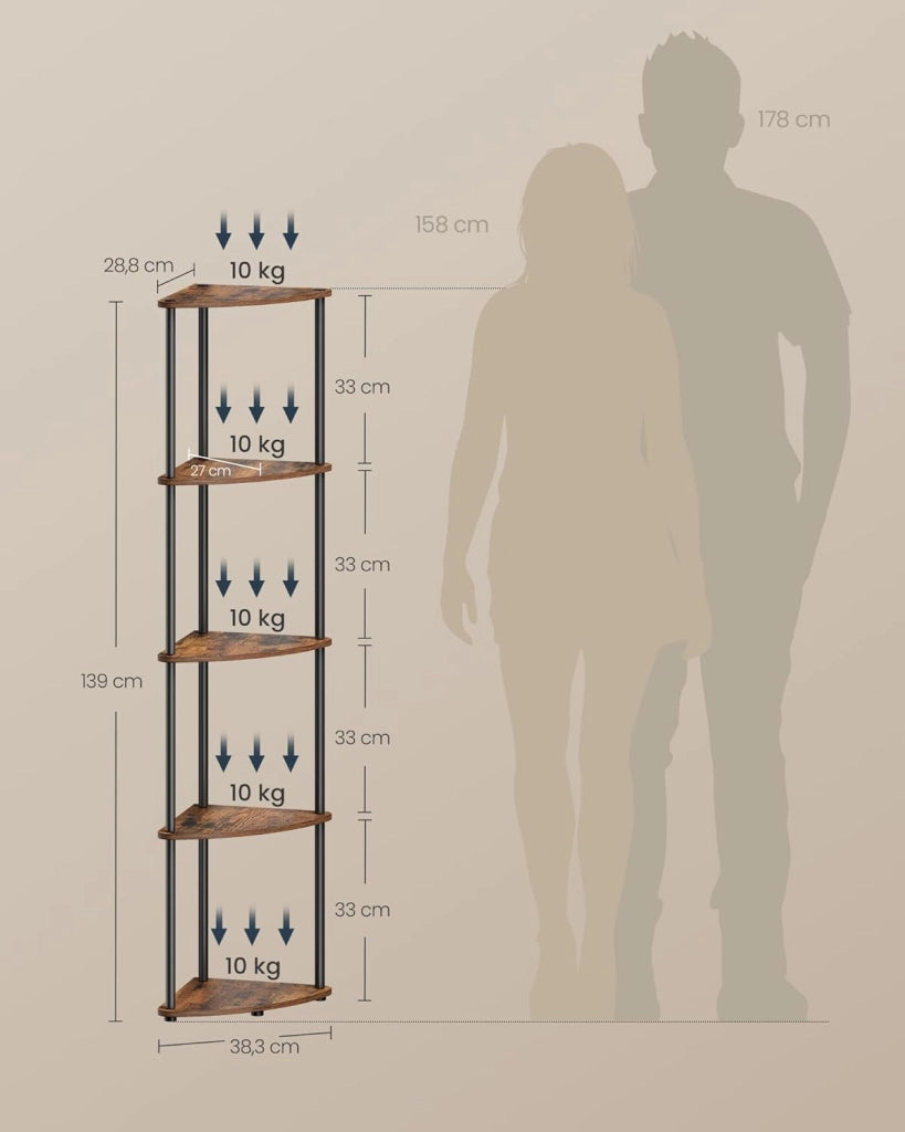 SONGMICS HOME Montaggio Super Veloce Senza Attrezzi, Scaffale Angolare a 5 Ripiani, Scaffale Autoportante, 38,3 x 27 x 139 cm, per Soggiorno, Camera da Letto, Cucina, Marrone Vintage LBC610K01