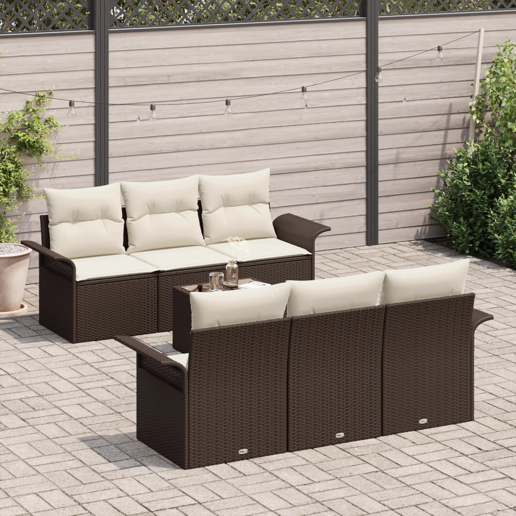 Set di Divani da Giardino da 7 pezzi con Cuscini Marrone Polyrattan