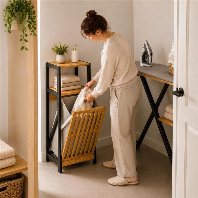 MOBILE DA BAGNO IN LEGNO CON ANTA, RIPIANO IN BAMBOO E PORTABIANCHERIA IN TESSUTO - COLORE NERO DIMENSIONI 36X33X98 CM
