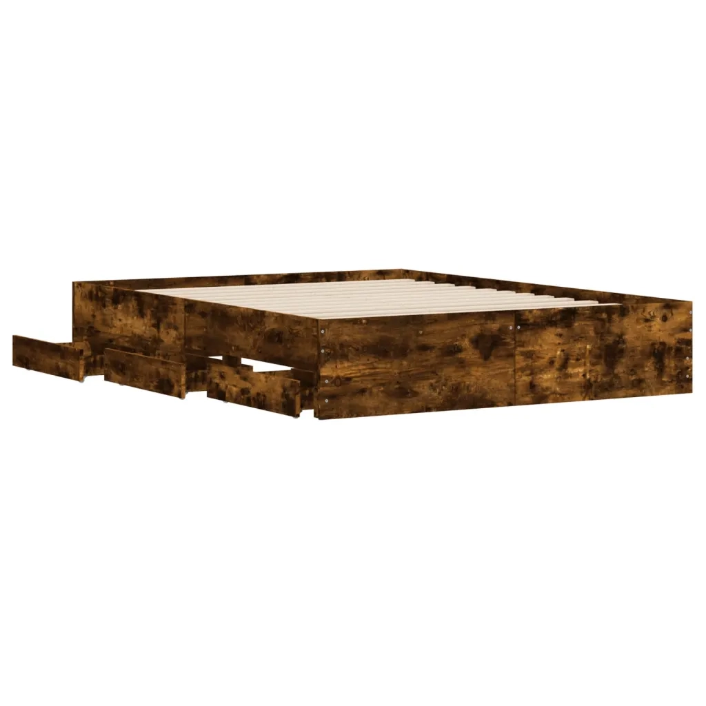 Letto matrimoniale | Letto per adulti | Giroletto con Cassetti Rovere Fumo 150x200 cm Legno Multistrato