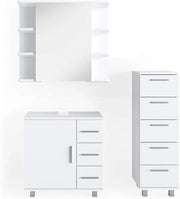 Set mobili bagno Ilias, Bianco, 60 cm, composto da mobile sottolavabo, specchiera e mobile medio