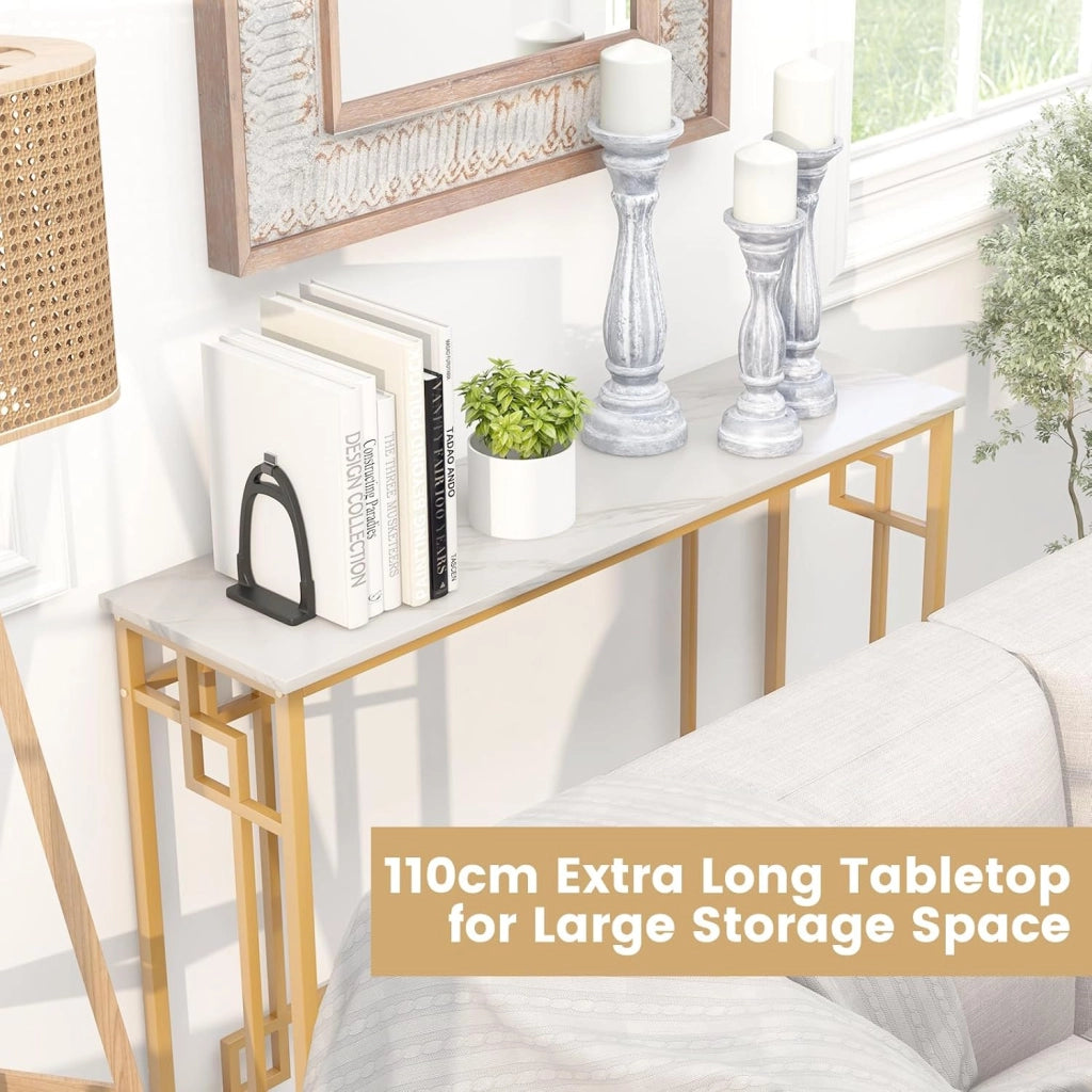 Tavolo Consolle Stretto di Ingresso Moderno con Base Dorata e Piano in Marmo Imitazione con Dispositivo Antiribaltamento per Soggiorno, Ingresso, Corridoio, Bianco e Oro, 110 x 30 x 81 cm