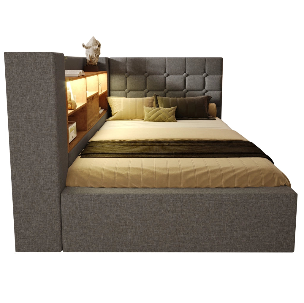 Letto singolo imbottito 90x200 cm con LED; vano contenitore idraulico; USB; lino grigio