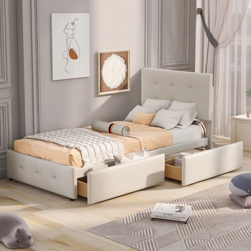 Letto imbottito 90x200 cm con rete a doghe e cassetto contenitore; velluto beige