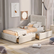 Letto imbottito 90x200 cm con rete a doghe e cassetto contenitore; velluto beige