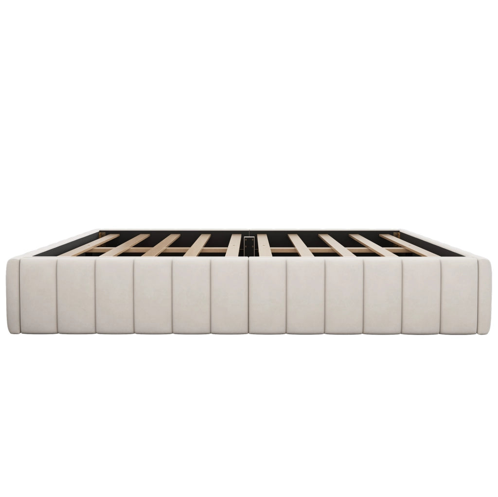 Letto imbottito ULEVR 140x200 cm con 4 cassetti e rete a doghe, velluto beige