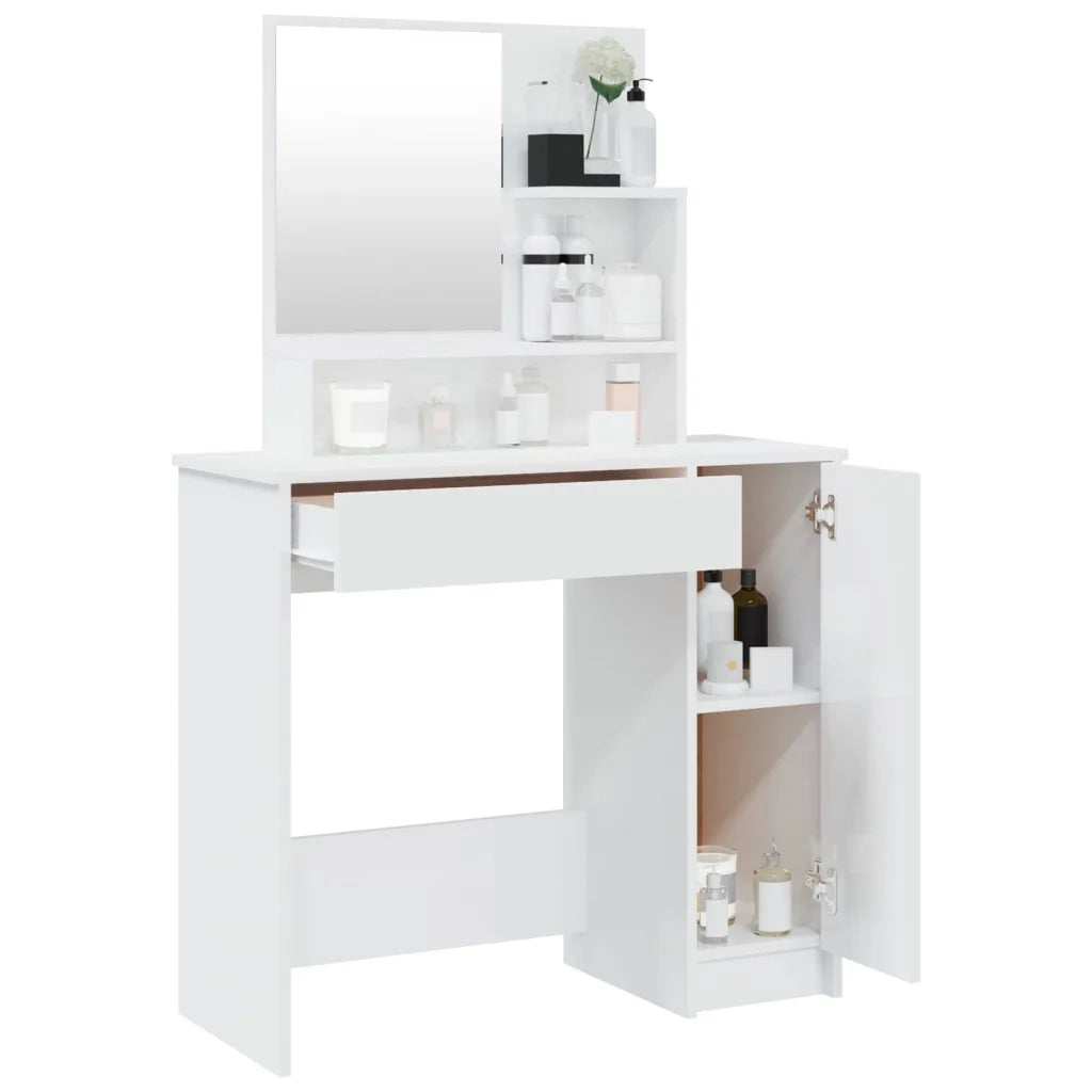 Toeletta con Specchio-Tavolo da Vanit¨¤ Bianco Lucido 86,5x35x136 cm