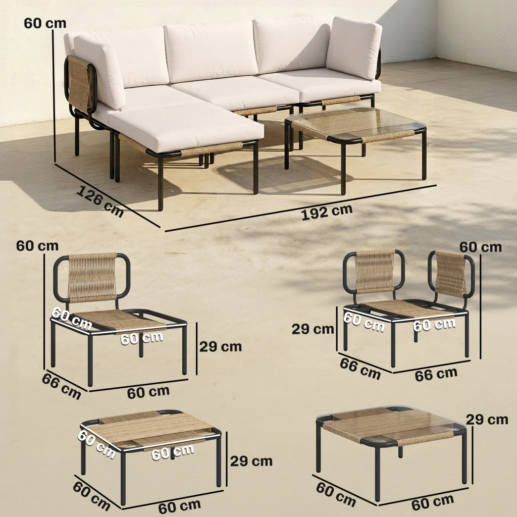 Set Divano da Giardino Polyrattan 5 Pezzi ¨C Zephmum ¨C Grigio con Tavolino Vetro e Cuscini