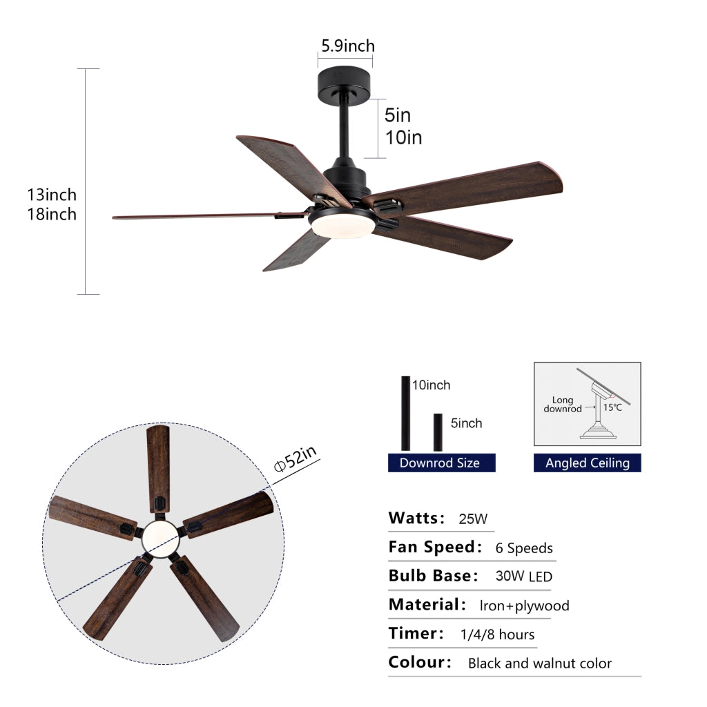 Ventilatore da soffitto nero con luce e telecomando 6 velocità motore DC reversibile 52 pollici metallo e legno