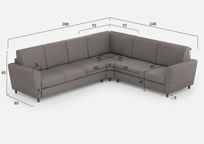 Divano Angolare 6 Posti 288x248x85 cm Yasel in Tessuto Grigio