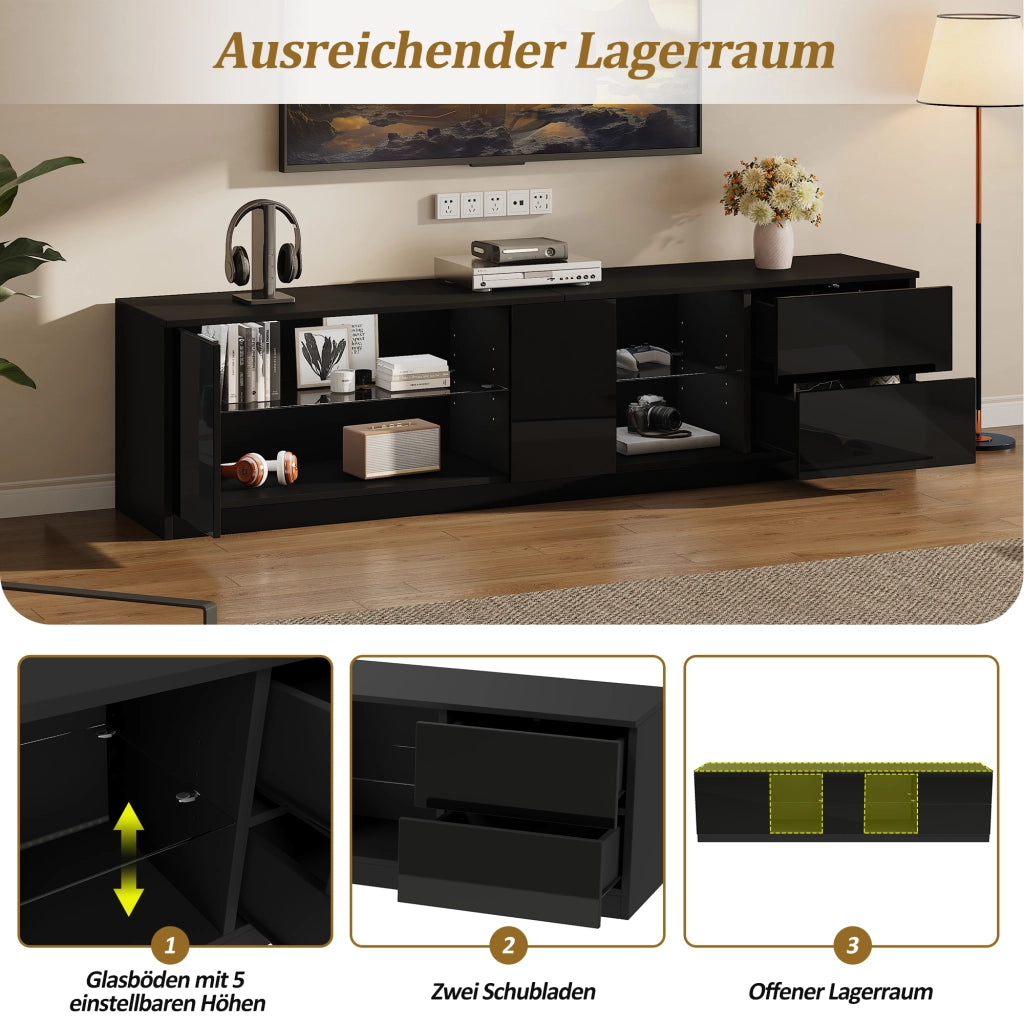 Mobile porta TV con LED, 2 cassetti e 1 anta, in MDF con ripiano in vetro temperato, per soggiorno, 160 × 40 × 52 cm