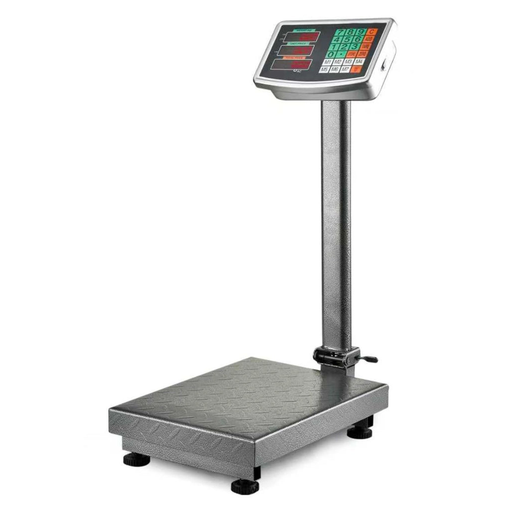 Bilancia Digitale Industriale 300 kg Con Piattaforma 40 X 50 Cm Display LCD Retroilluminato ad Asta Pieghevole In Acciaio Inox Batteria Ricaricabile 20h e Spegnimento Automatico Argento
