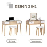 Tavolo da Trucco Moderno con Specchio Estraibile, Organizer Gioielli, 2 Cassetti e Sgabello, Color Legno