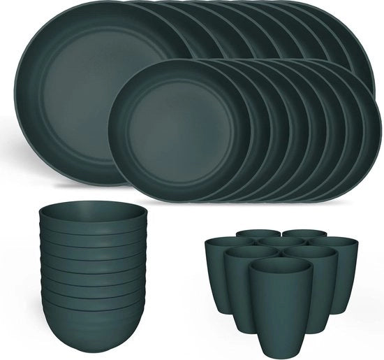 Set di piatti e scodelle in plastica per 8 (32 pezzi) Servizio da tavola in plastica leggero Set di piatti per cena e dessert (verde scuro-32)