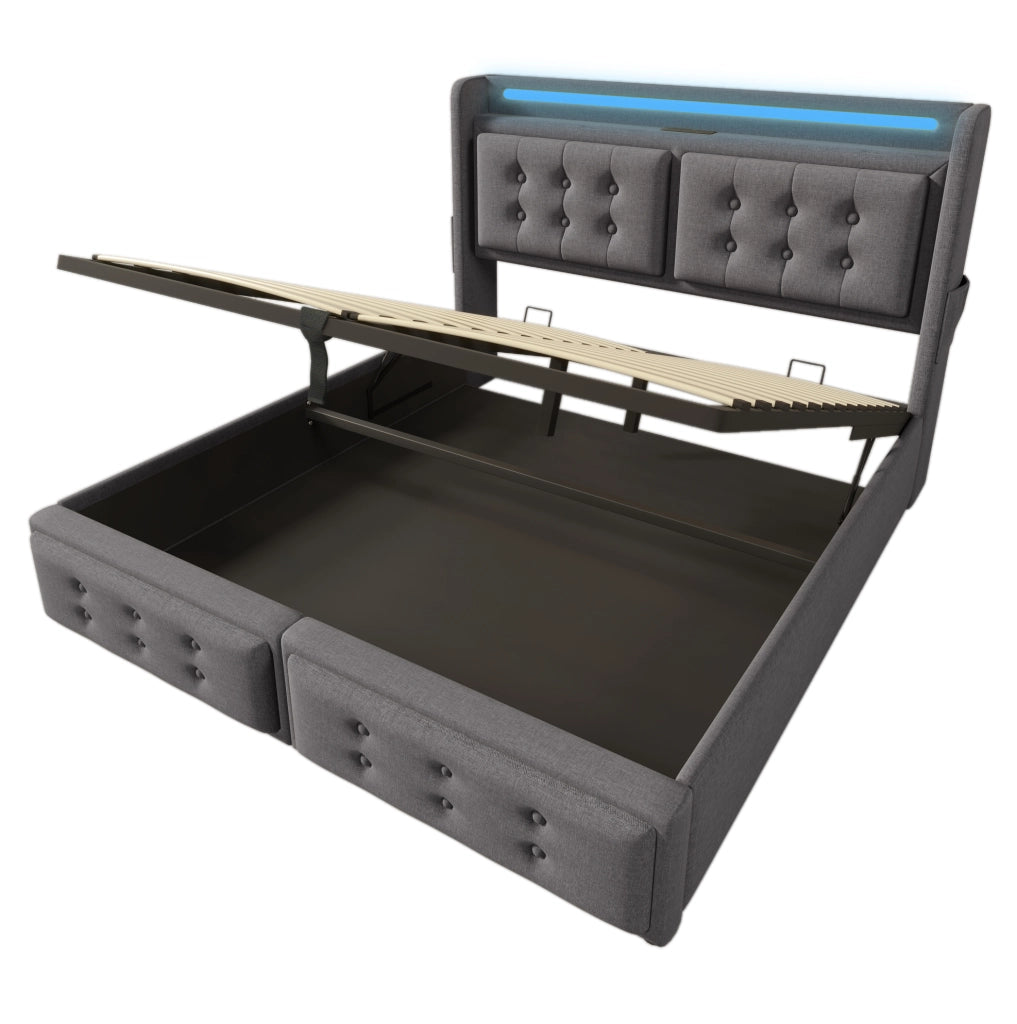 Letto matrimoniale imbottito ULEVR 160x200 cm con contenitore idraulico, LED, prese USB e Type-C, grigio