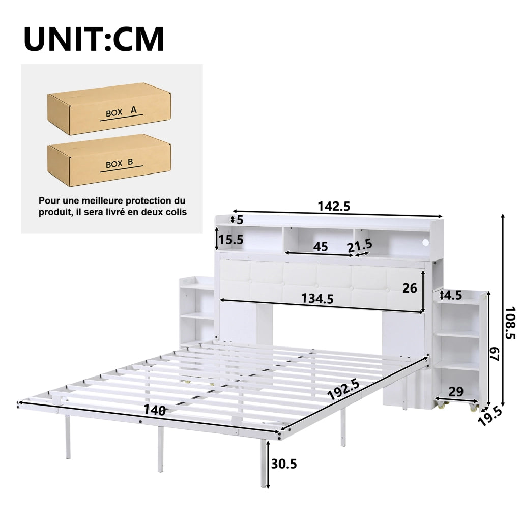 Letto matrimoniale 140 × 190 cm con LED, USB e Type-C, 2 comodini estraibili, senza materasso, in metallo, bianco
