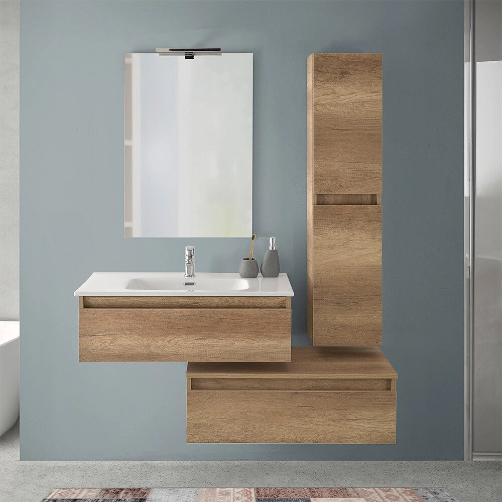 Mobile bagno sospeso 80 cm rovere naturale con lavabo e pensile Nadia