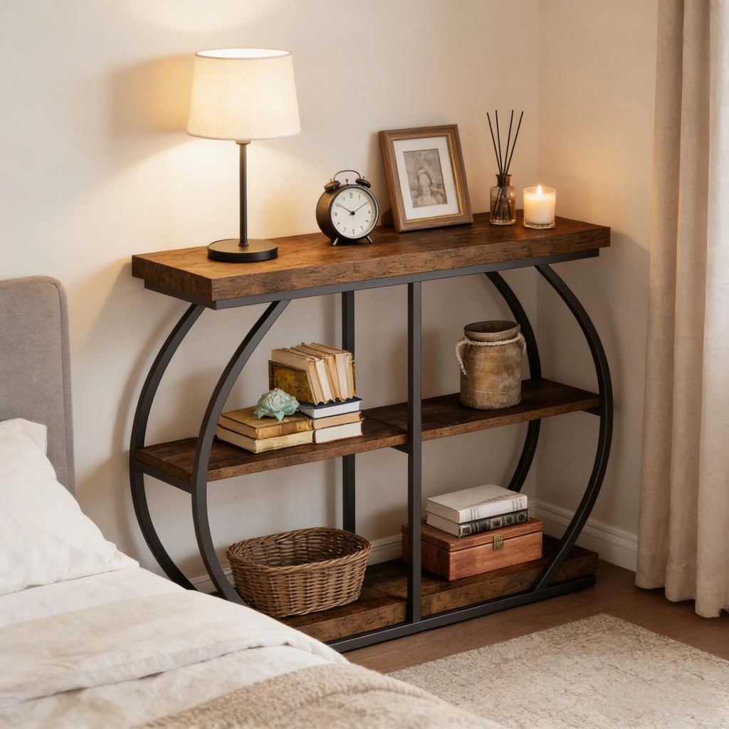 Consolle a 3 ripiani in metallo e legno marrone stile industriale per ingresso e soggiorno 105 × 24 × 80 cm