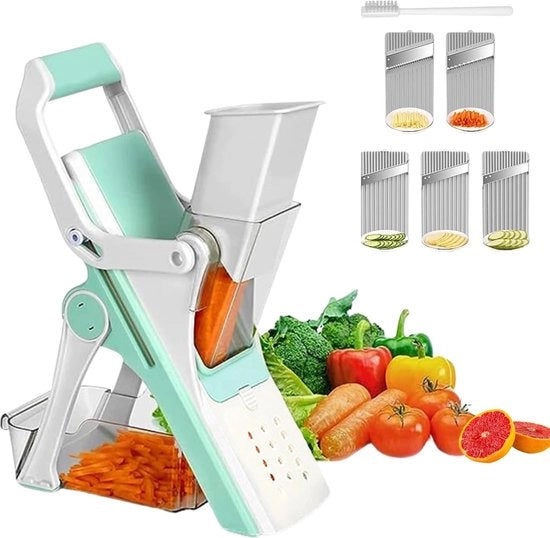 Hacksaw per Verdure Multifunzionale con Protezione per la Mano, Affettatrice per Frutta con 5 Lame e Raspino, Hacksaw per Aglio Incluso Spazzolino di Pulizia.