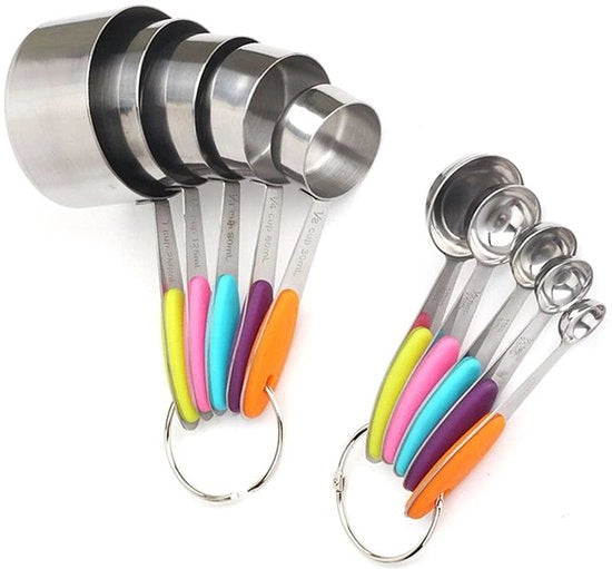 Set di Bicchieri di Precisione da 12 - Set di Cucchiai di Precisione - Acciaio Inossidabile - Manici di Gomma - O-ringen - Adatto per Liquidi e Solidi - Kit di Misura da Cucina