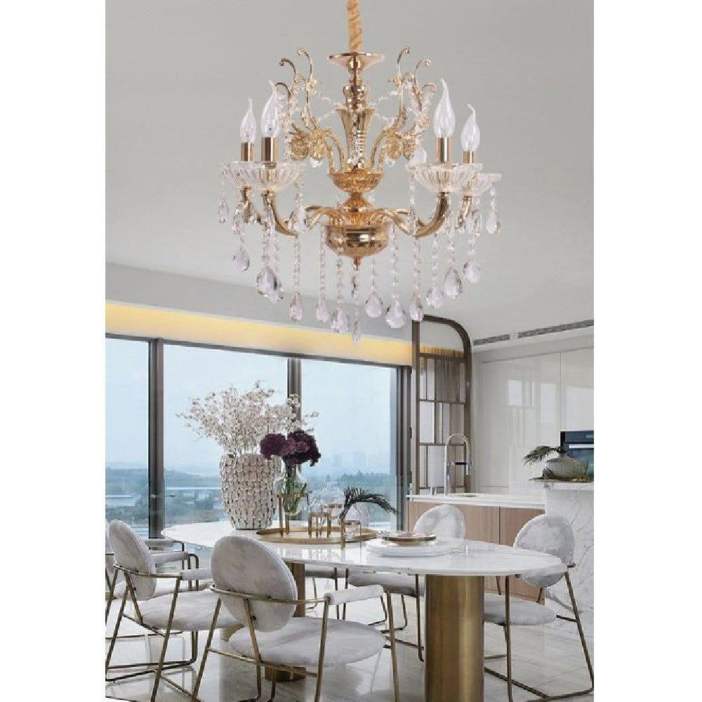 Trade Shop - Lampadario Soffitto 5 Bracci A Sospensione Con Catena Gocce Pendenti Lampada A12 - Oro