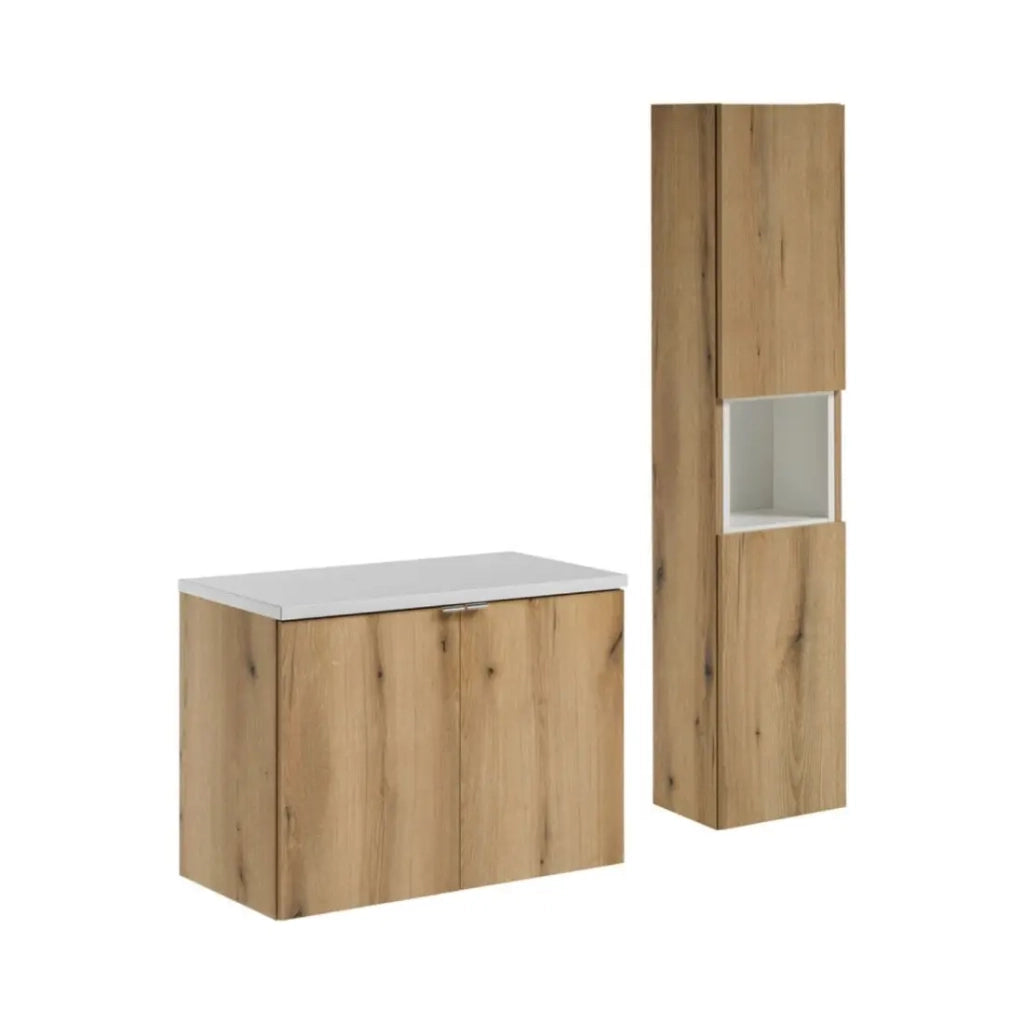 Set da bagno VANO effetto rovere e bianco 110cm: mobili sotto lavabo con ante + piano per lavabo + colonna