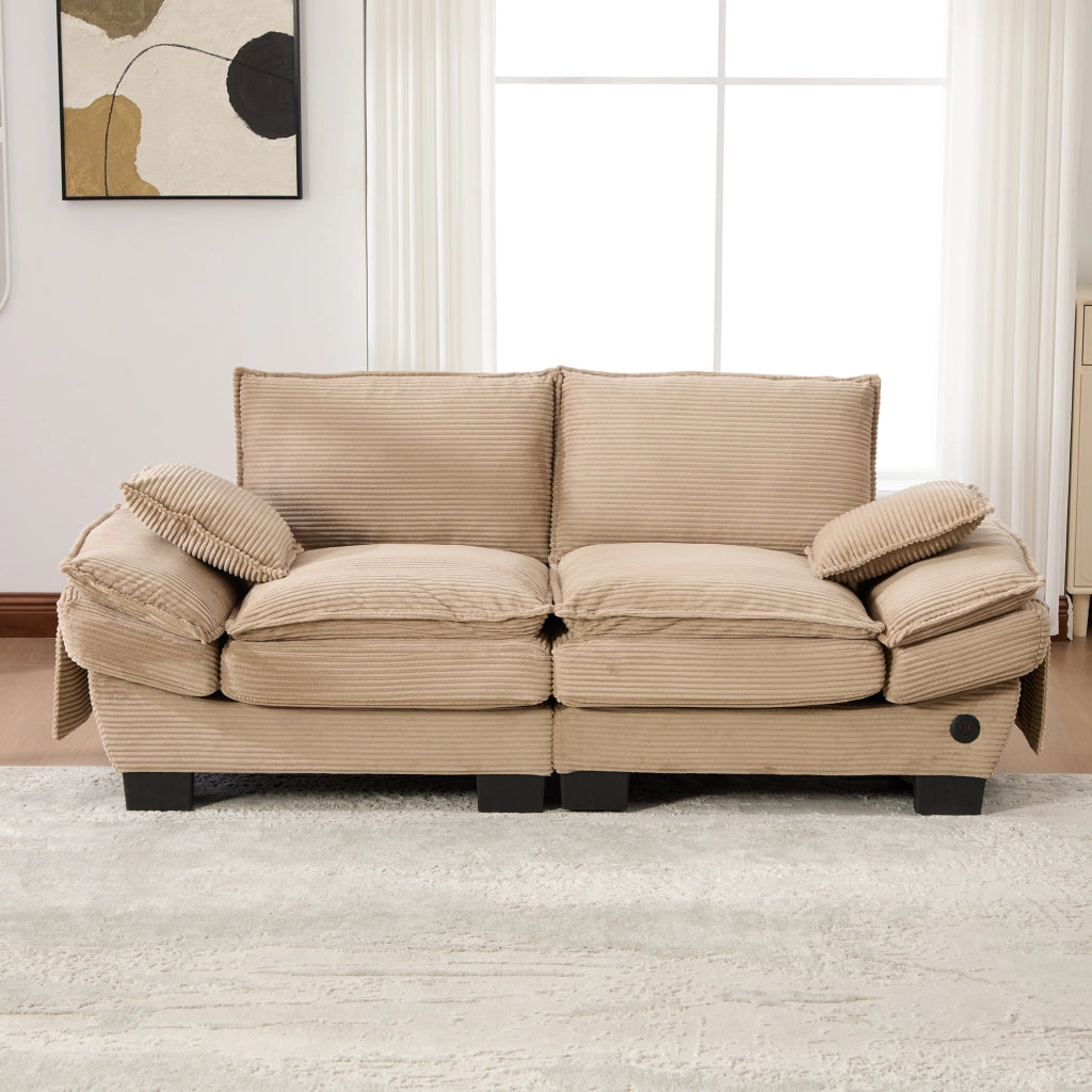 DIVANO 2 posti 190x73x84 cm in tessuto Corduroy Khaki con USB-C e tasche laterali