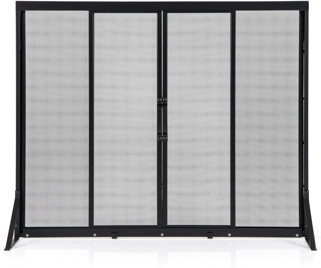 Schermo per Camino con Porte Scorrevoli in Metallo, Parascintille Protettivo 89 x 72/96 x 79 CM per Isolare Scintille e Cenere, Parascintille Camino con Supporto Triangolare (96 x 79 cm)