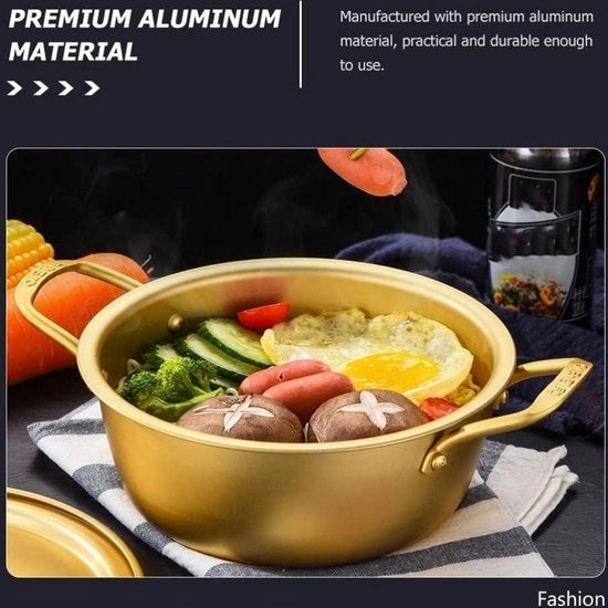 Cottura rapida di ramen - Padella in alluminio con coperchio, cucchiaio e bastoncini - Cottura per zuppe, pasta, stufato - 18cm dorato